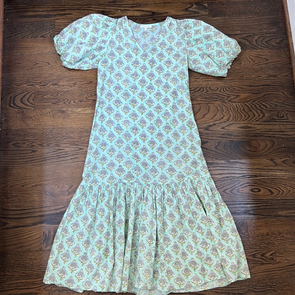 Mint Green Floral Midi Dress With Puff Sleeves And Flared Hem